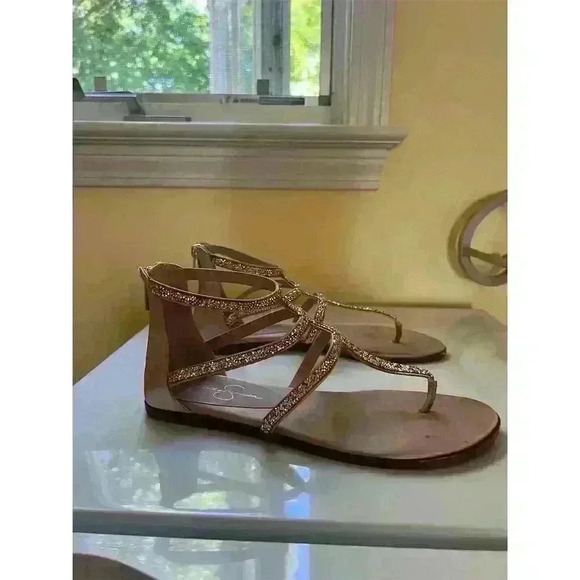 Jessica Simpson Cammie Splittoe Ankle Strap Sandal Gold Size 7.5 Beaded - Picture 6 of 9